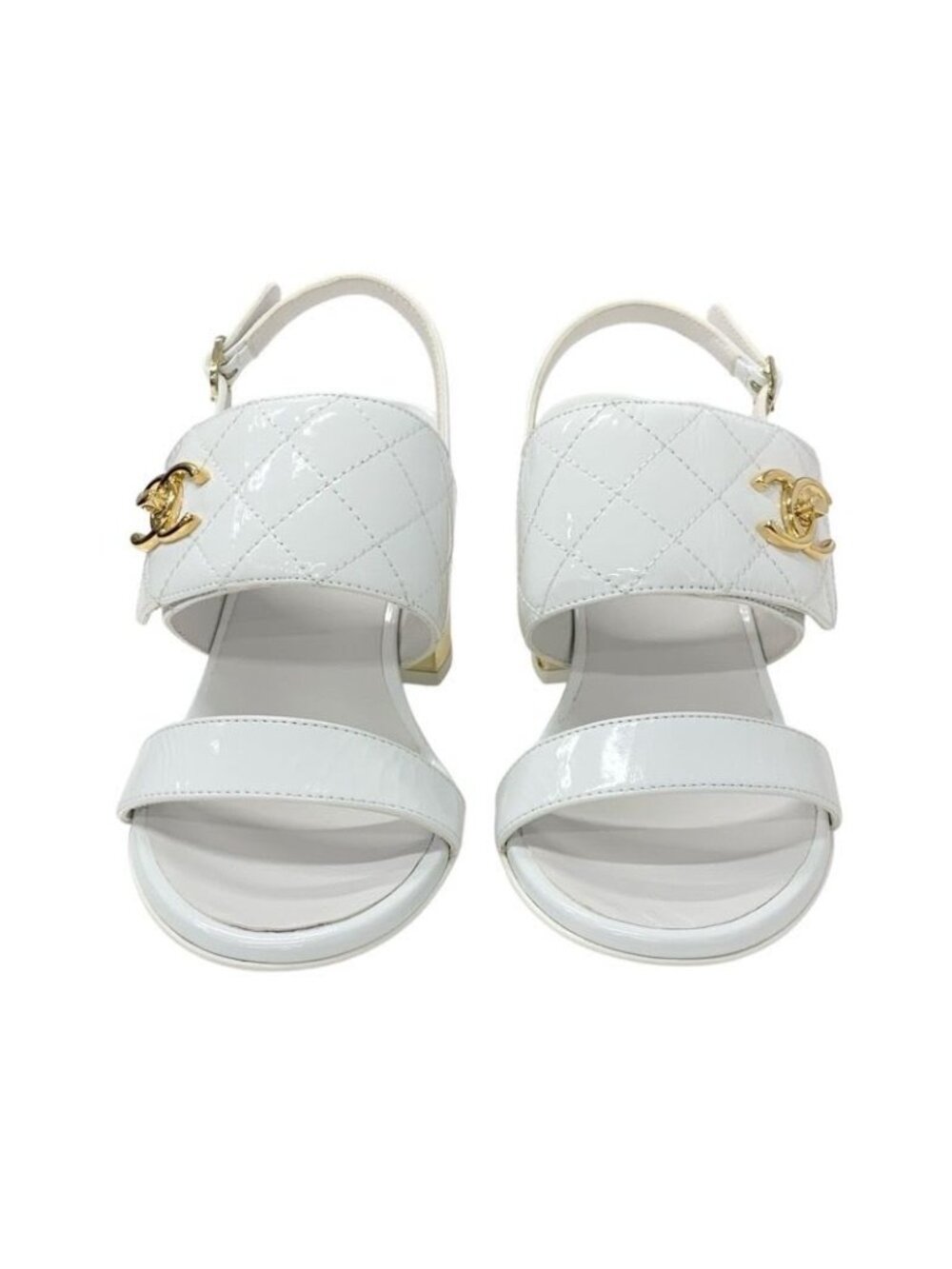 Chanel Sandals Shoes Patent White Gold Quilted Coco Mark Turnlock Strap - Picture 2 of 9